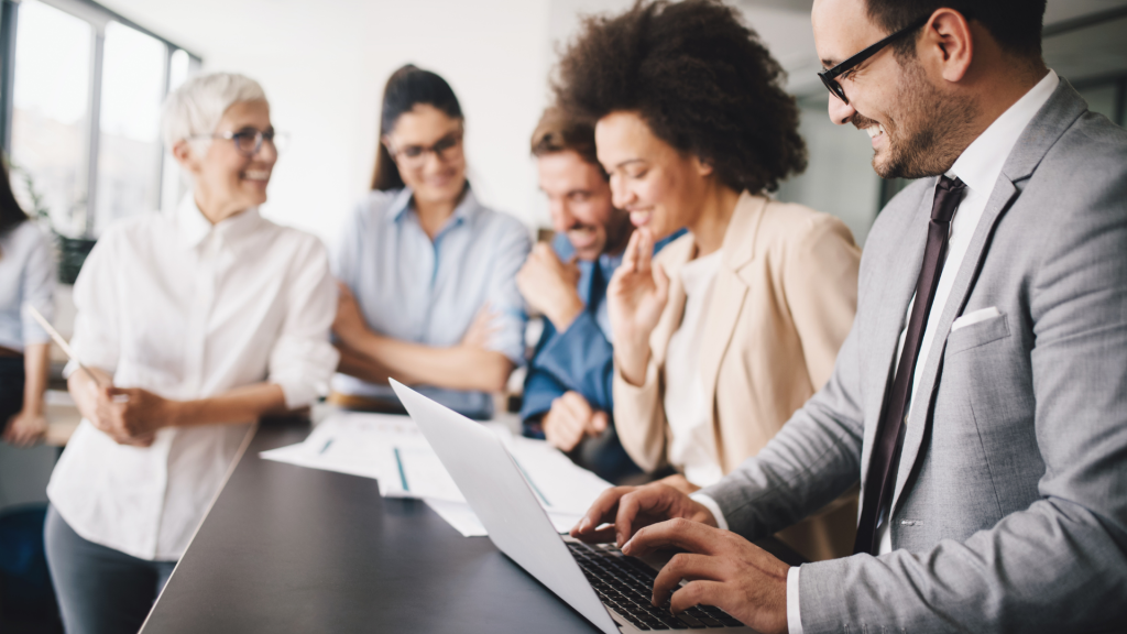 Smiling team members during a meeting