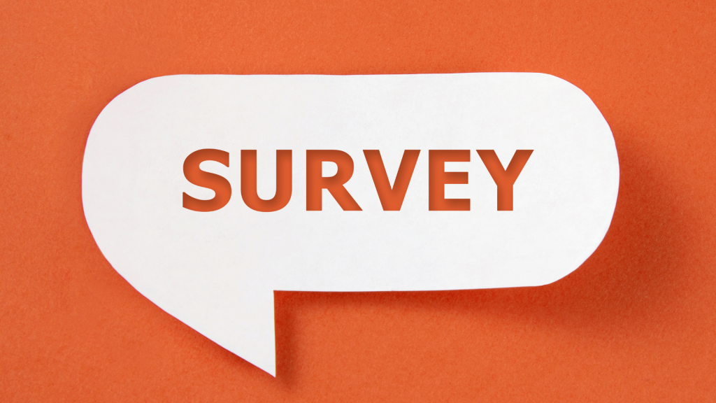 White comment bubble on an orange background. Letters are cut out of the bubble to spell: SURVEY.